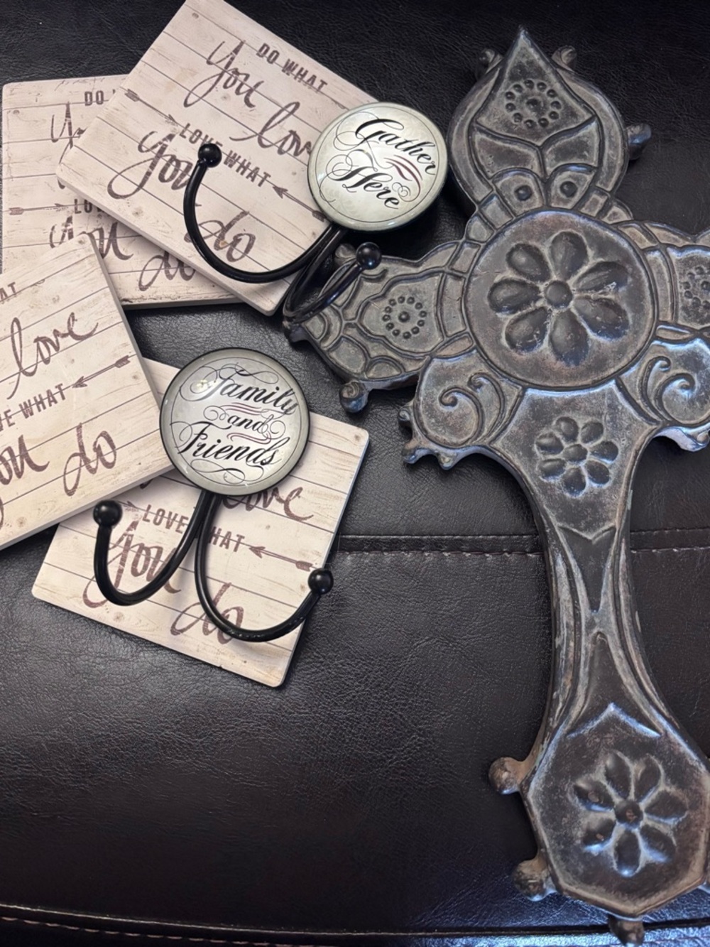 11 Item Bundle! 4 decorative spheres, 2 hooks, a cross and 4 coasters.